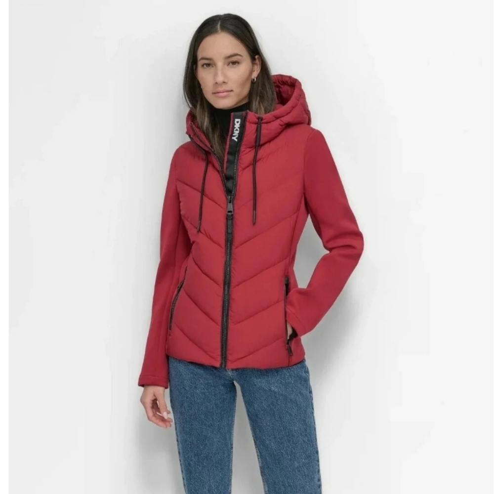 DKNY Women's Vibrant Red Hooded Puffer Jacket - Picture 3 of 6